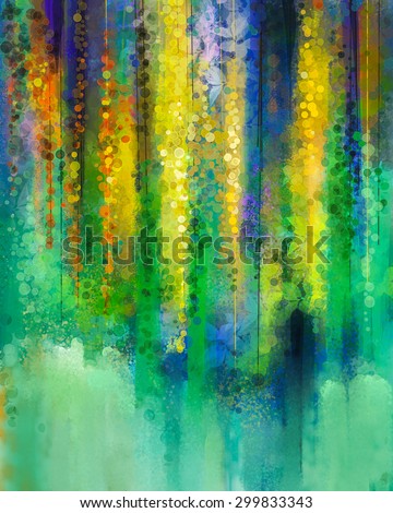 Abstract  yellow color flowers. Watercolor painting. Spring yellow flowers Wisteria tree in blossom with bokeh over green color background.