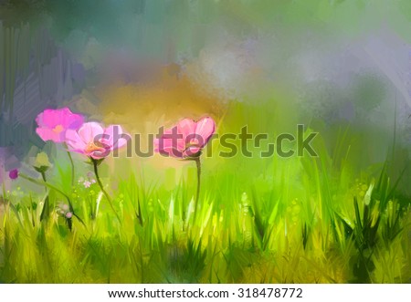 Oil painting nature grass flowers. Hand paint close up pink cosmos flower, pastel floral and shallow depth of field. Blurred nature background. Spring flowers nature background
