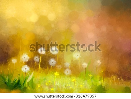Oil painting nature grass flowers. Hand paint close up dandelions, pastel floral and shallow depth of field. Blurred nature background.Spring flowers background with bokeh