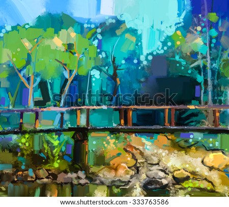 Oil painting landscape with wooden bridge over creek in forest.  Hand painted Colorful summer nature forest with yellow and green- blue color