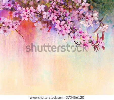 Watercolor Painting Cherry blossoms - Japanese cherry - Pink Sakura floral in soft color over blurred nature background. Spring flower seasonal nature background