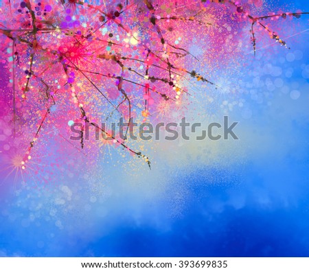 Watercolor painting Cherry blossoms - Japanese cherry - Sakura floral with blue sky. Pink flowers in soft color with blurred nature background. Spring flower seasonal nature background with bokeh