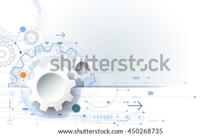 Vector futuristic technology background, 3d white paper gear wheel on circuit board. Hi-tech, engineering, digital telecoms concept. Blank space for content, web template, business tech presentation
