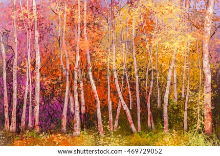 Oil painting landscape - colorful autumn trees. Semi abstract image of forest, aspen trees with yellow and red leaf.  Autumn, Fall season nature background. Hand Painted landscape, Impressionist style