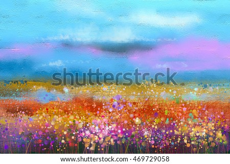 Abstract colorful oil painting landscape background. Semi abstract image of wildflower and field. Yellow and red wildflowers at meadow with blue sky. Spring, summer season nature background.