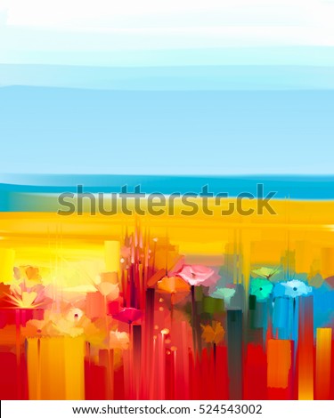 Abstract colorful oil painting landscape on canvas. Semi- abstract image of flowers, meadow and field in yellow and red with blue sky. Spring, Summer season nature background