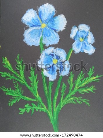 Blue flower on black background drawn in oil pastel