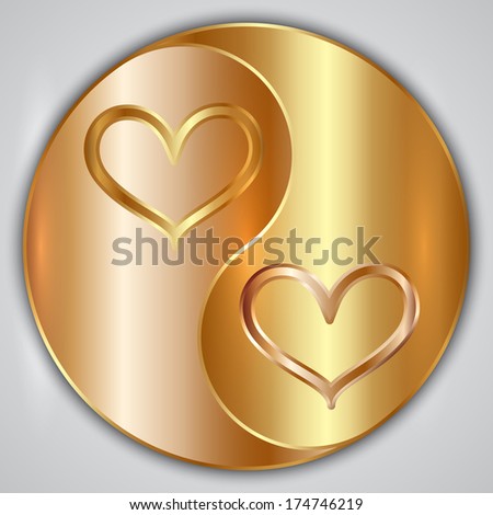 Golden round yin yang medallion with hearts for Saint Valentine gift