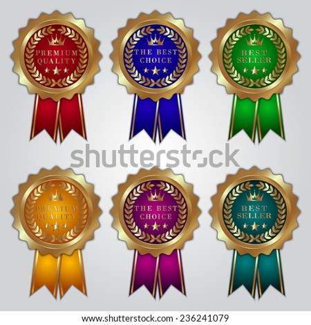 Vector set of gold badges with color ribbons and best choice, premium quality, bestseller text