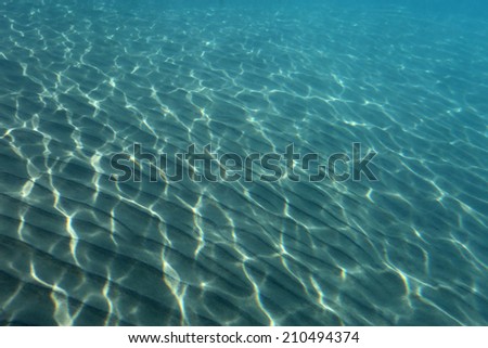 Underwater view of a clear ocean floor with sunlight shining through making a beautiful pattern on the sand.