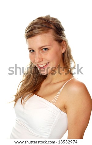 stock photo aerobic girl smiling with long brown hair and in a white shirt