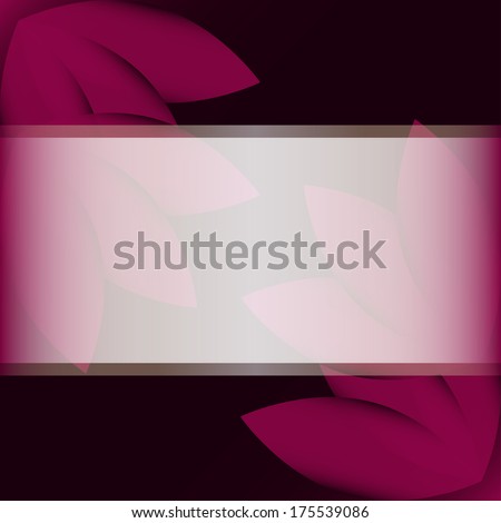 Abstract background with purple flowers corner and transparent white ribbon on dark purple background