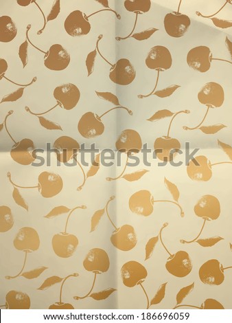 Wrapping paper with gold cherries on folded in four paper texture - vintage pattern