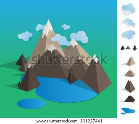 Geometric illustration of mountain landscape with lake, colourful with used elements set like cloud, mountains, lake - EPS