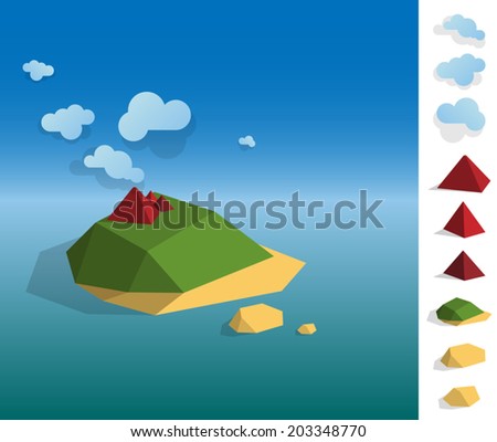 Geometric illustration of tropical island landscape on the ocean, colourful with used elements set like cloud, mountains, island - EPS