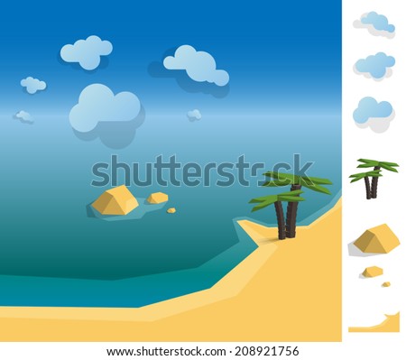Geometric illustration of exotic beach landscape on the coast, colorful with used elements set like cloud, sand, island and palms - EPS