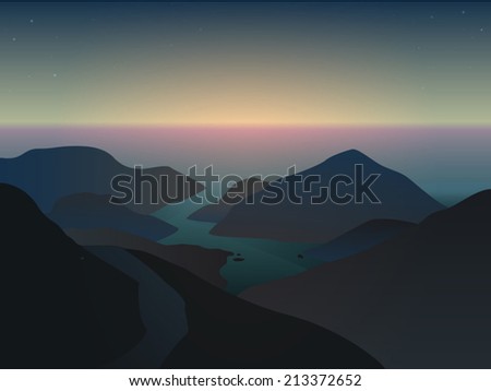 Vector illustration of a misty sunrise in beautiful blue mountains at the ocean in delta of river