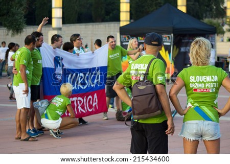 Slovenia fans before match Round of 16 Basketball Worldcup, Slovenia vs Dominicana Republic Basketball Worldcup, match on September 6, 2014, in Palau Sant Jordi stadium, Barcelona, Spain.