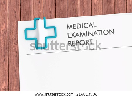 Medical examination report document template with cross paper clip on wood desk - illustration with clipping path