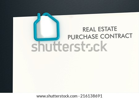 Real estate contract document template with turquoise paper clip on dark laminate desk - illustration clipping path
