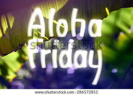 Hand drawn Aloha Friday quotes on summer tropical background