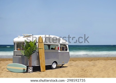 Surfing fast food truck, caravan on the beach, horizontal template with copy space