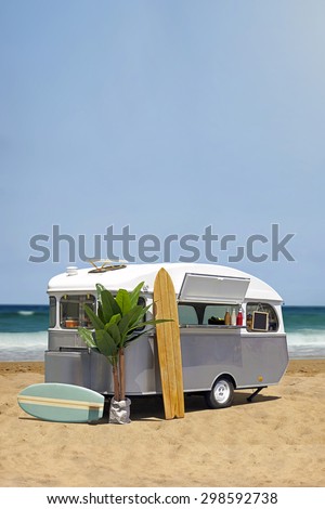 Surfing fast food truck, old caravan on the beach, vertical template with copy space