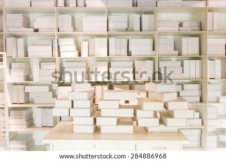 Books on the shelves and tables with white.