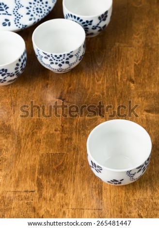 A closeup of a teacup set on a wooden table