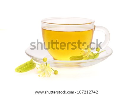 cup of tea with linden flowers isolated on white background