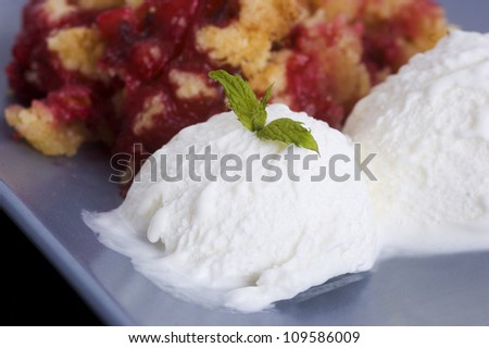 two scoops of vanilla ice cream and blackberry pie