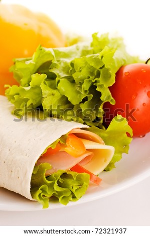 roll sandwich with ham, cheese and vegetables
