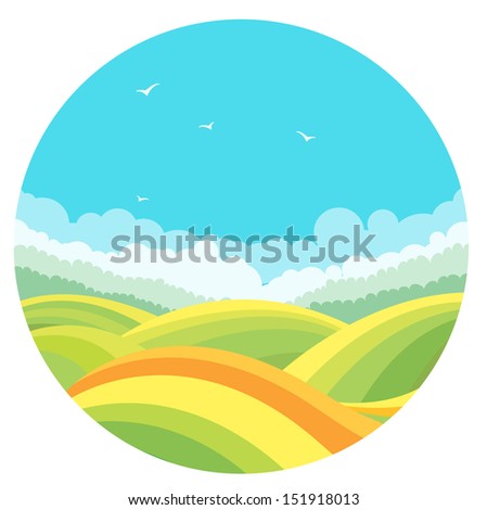 nature landscape with green fields and birds in blue sky.