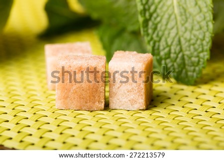 Pieces of cane sugar and fresh mint for mojito
