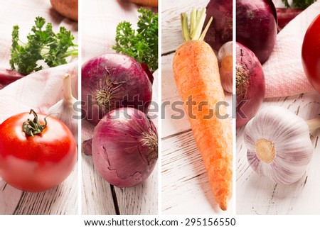 Healthy food collage/studio photo of different vegetables on wooden table