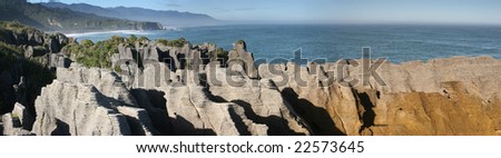 Punakaki Pancake Rocks in Paparoa National Park on the West Coast of New Zealand, a must-see tourist stop for the tourist bus networks.