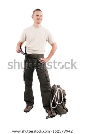 Athletic man hiking clothes and gear.