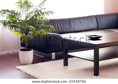 Modern living room, leather sofa, cowhide, design and looks well thought out.