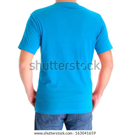 close up of man in blank V-neck short sleeve sky blue t-shirt