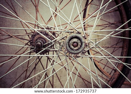 Old bicycle wheel, process vintage