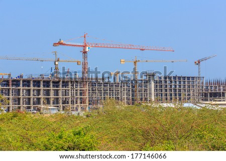 Working tall cranes inside place for with buildings under construction under a blue sky
