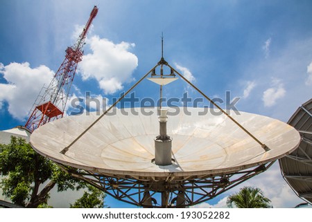Broadcast TV antenna and satellite dish signal on blue sky background