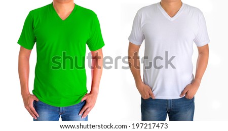 close up of man in blank V-neck short sleeve green white t-shirt