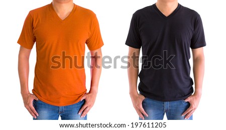 close up of man in blank V-neck short sleeve orange black t-shirt