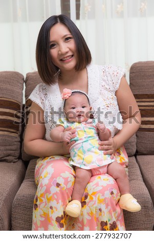 55 day baby feeling happy and smiles in mother\'s lap on sofa