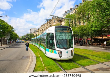 PARIS, FRANCE 2 JUNE 2014-- The tramway line T3 opened in Paris in December 2006. Managed by the RATP, it follows the Boulevards des Marechaux, encircling Paris.