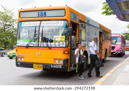 BANGKOK, THAILAND - JULY 3, 2015: Public transport bus at bus stop TMB in jatujak bangkok, thailand