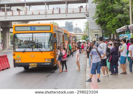 BANGKOK, THAILAND - JULY 19, 2015: Public transport bus at bus stop BTS in jatujak bangkok, thailand