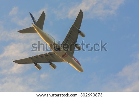 Singapore - August 01, 2015: Singapore 50years National Day Singapore Airlines Airbus A380 flew over the city