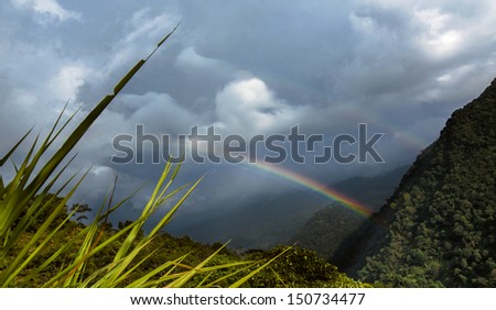 Rainbow under dark blue cloudy sky, Sikkim